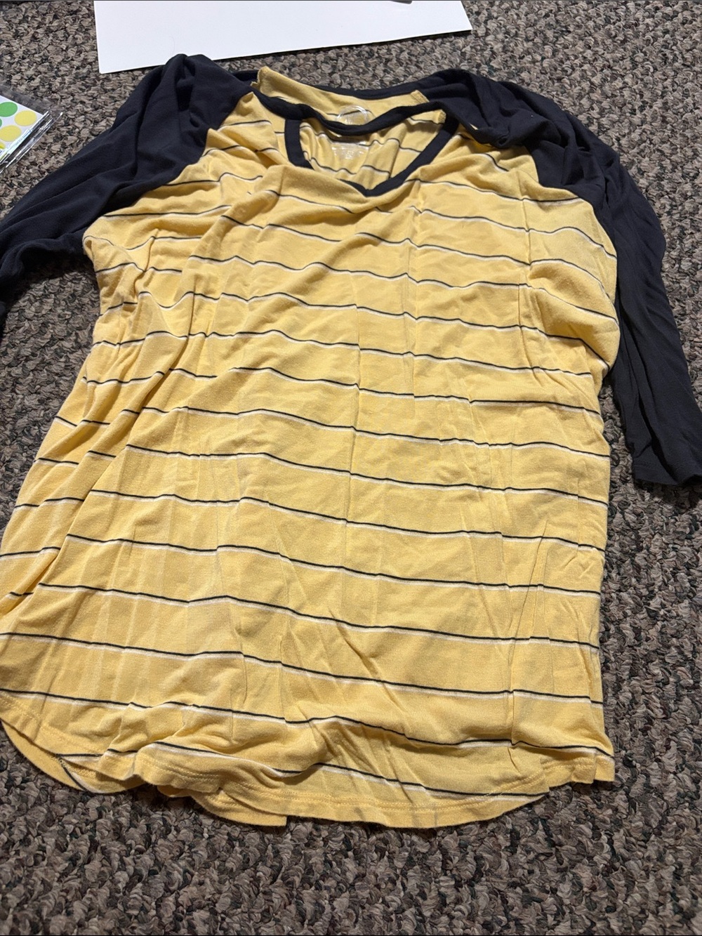 Women’s Yellow Striped Raglan Long Sleeve Tee with Navy Sleeves